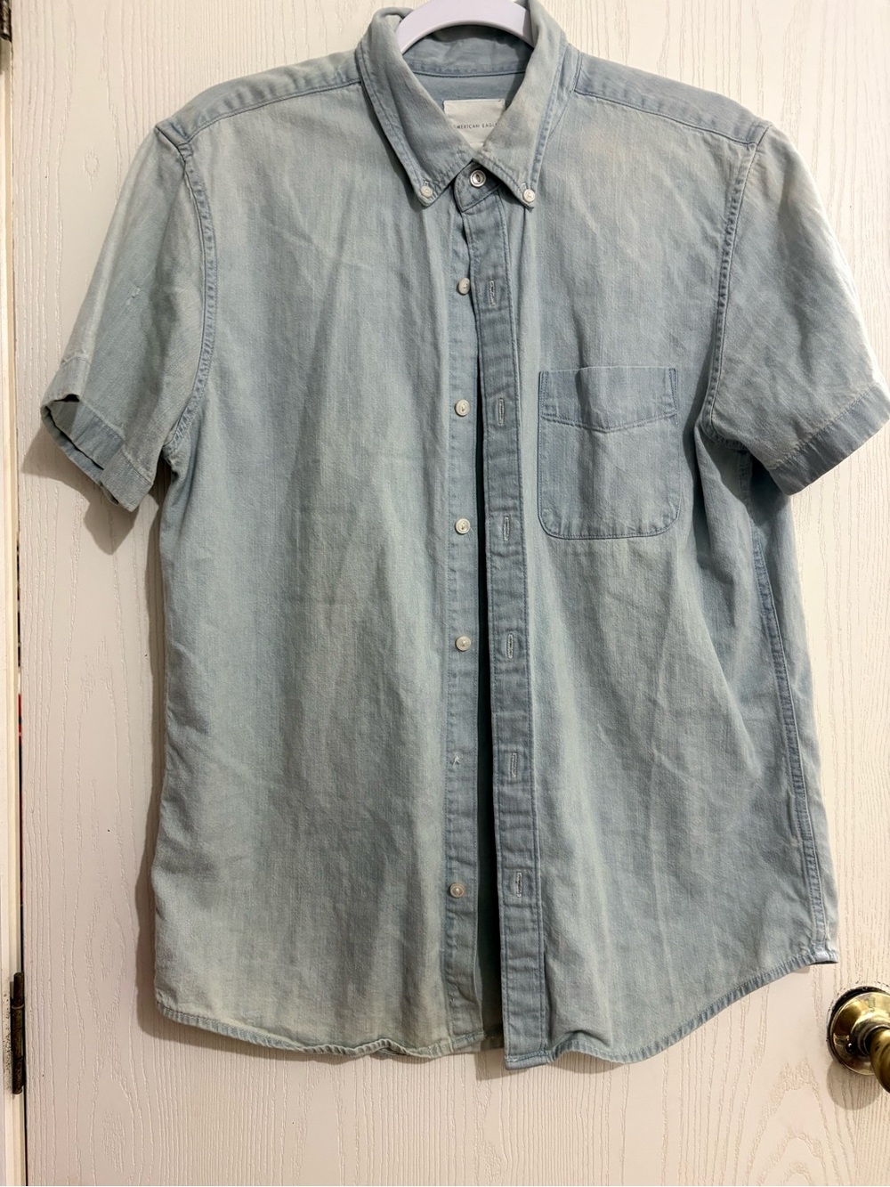 American Eagle Outfitters Light Wash Short-Sleeve Button-Down Shirt